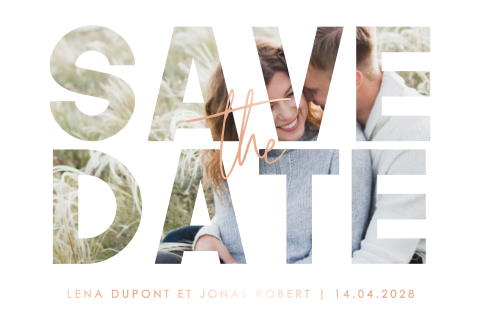 Save the date avec photo et texte en dorure rosée