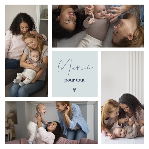 Carte de remerciement naissance avec photos et cœur bleu