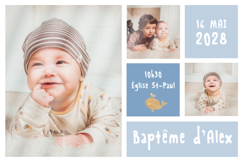 Faire-part de baptême avec photos et fond bleu