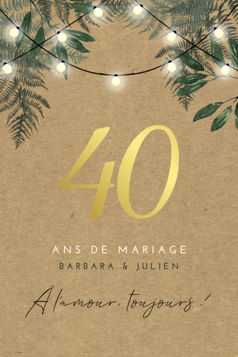 Invitation noces d'Emeraude avec guirlandes et feuillages