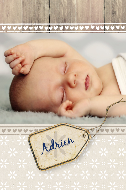 Faire-part de naissance avec photo, aspect bois et étiquette
