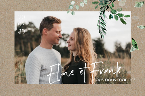 Faire-part de mariage avec photo de couple et eucalyptus