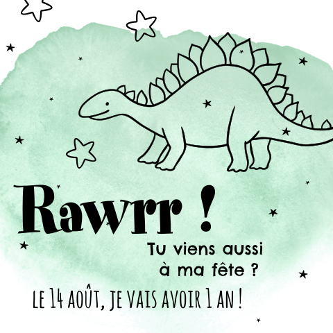 Carte d'invitation cool avec un dino sur fond vert à l'aquarelle