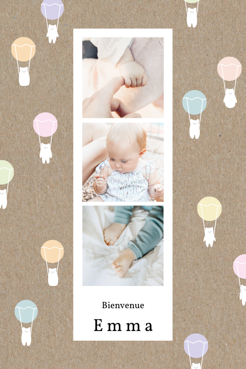 Faire-part de naissance avec ours en montgolfière et photomaton