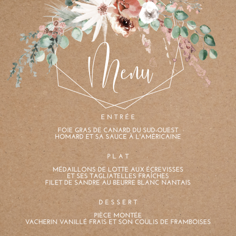 Menu avec aspect kraft, design géométrique et fleurs