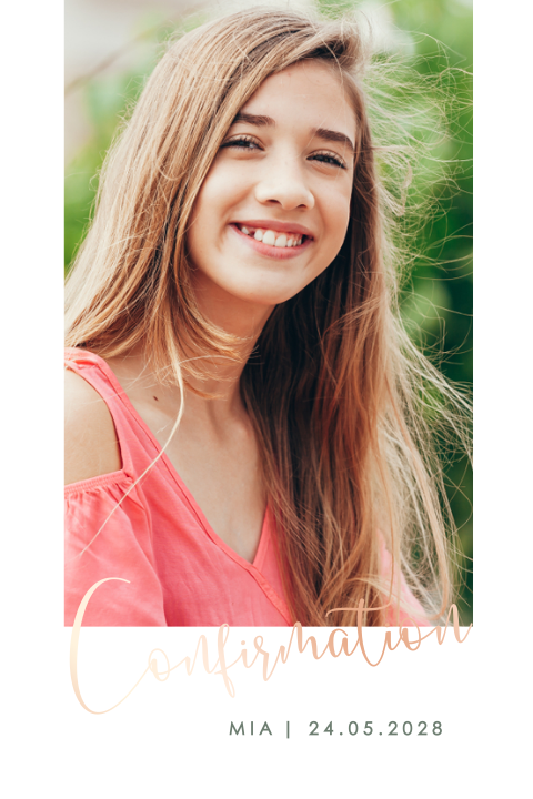 Faire-part de confirmation tendance avec photo et dorure rosée