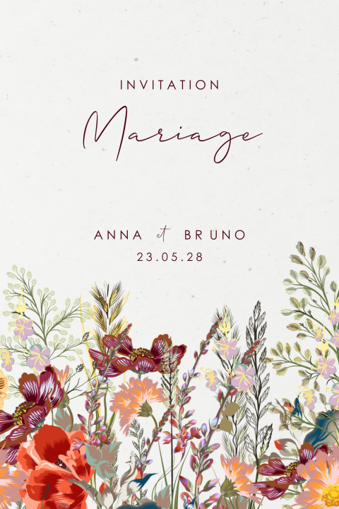 Faire-part de mariage avec des fleurs des champs colorées
