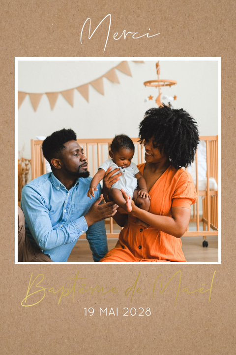 Carte de remerciement baptême avec dorure sur impression kraft