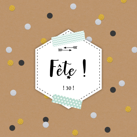 Carte d'invitation pour les 30 ans avec des confettis.