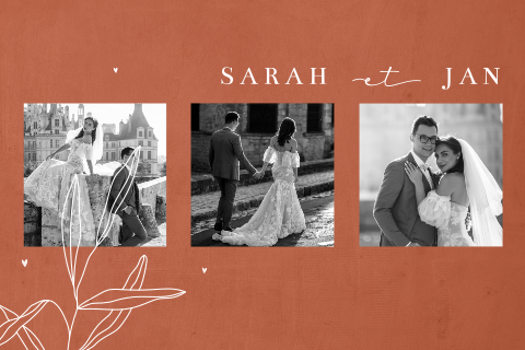 Carte de remerciement brun roux avec esquisse de fleur et photos