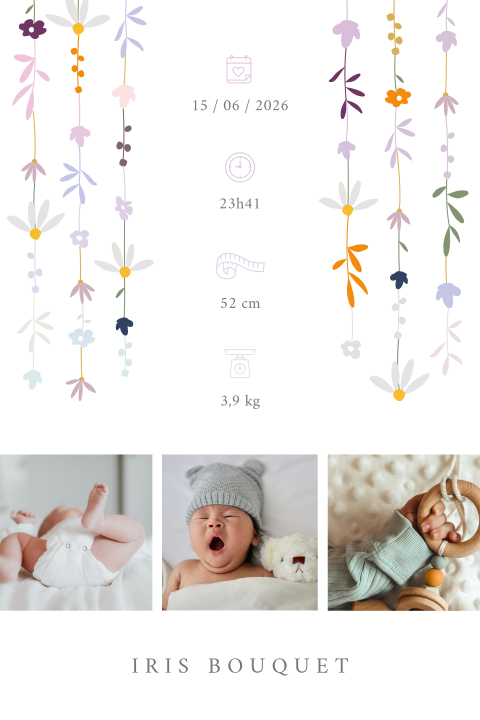 Faire-part de naissance avec fleurs, photos et symboles en holografie