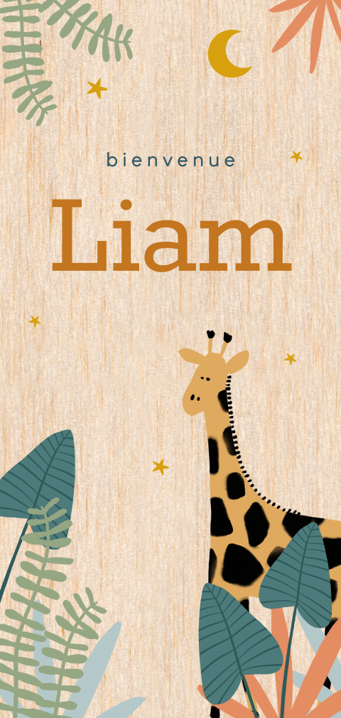 Faire-part de naissance sur bois avec illustrations de la jungle