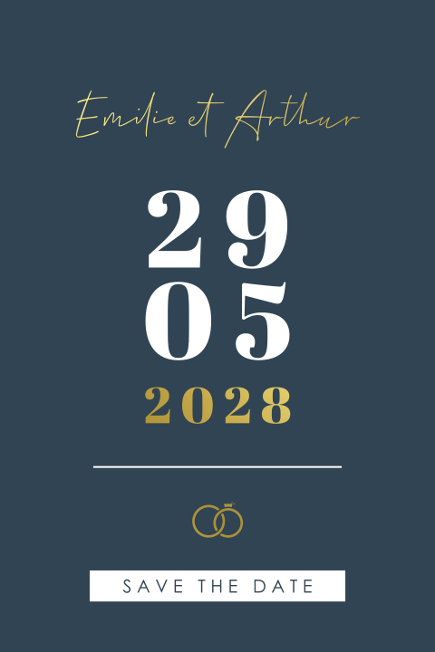 Save the date avec un fond bleu et des détails dorés
