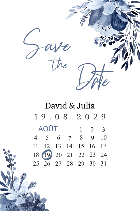 Save the date avec des fleurs bleues romantiques