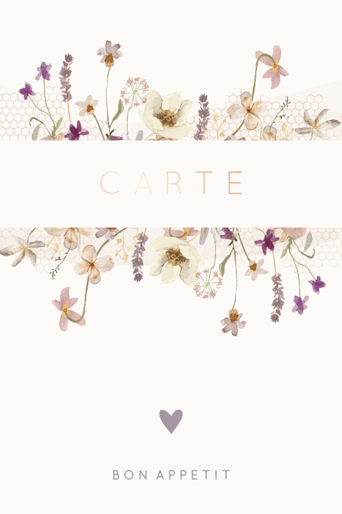 Menu floral avec des fleurs des champs et texte en dorure rosée