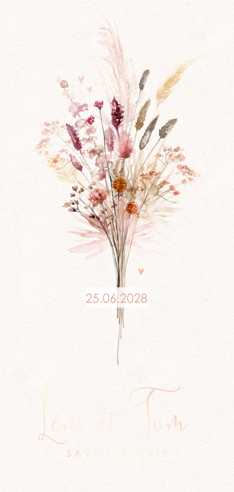Save the date avec bouquet de fleurs et une écriture en or rosé