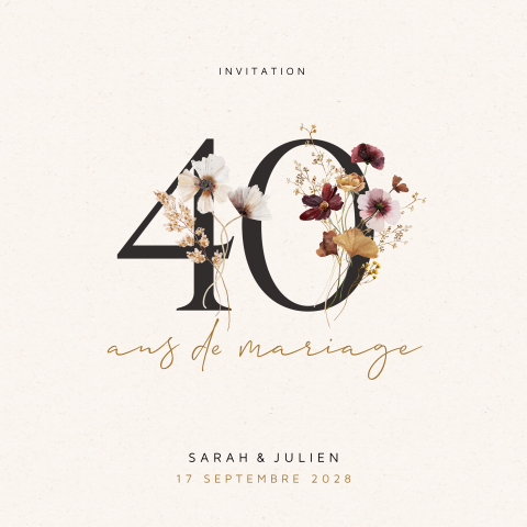 Invitation élégante pour 40e anniversaire de mariage avec fleurs d'été