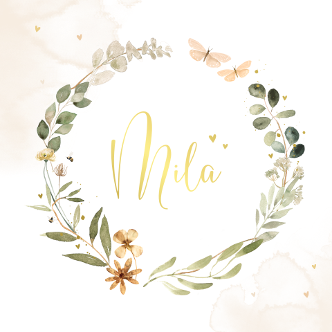 Faire-part de baptême avec couronne de fleurs, coeurs et papillons