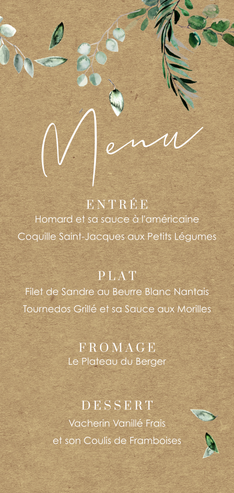 Menu au style kraft avec des branches d'eucalyptus