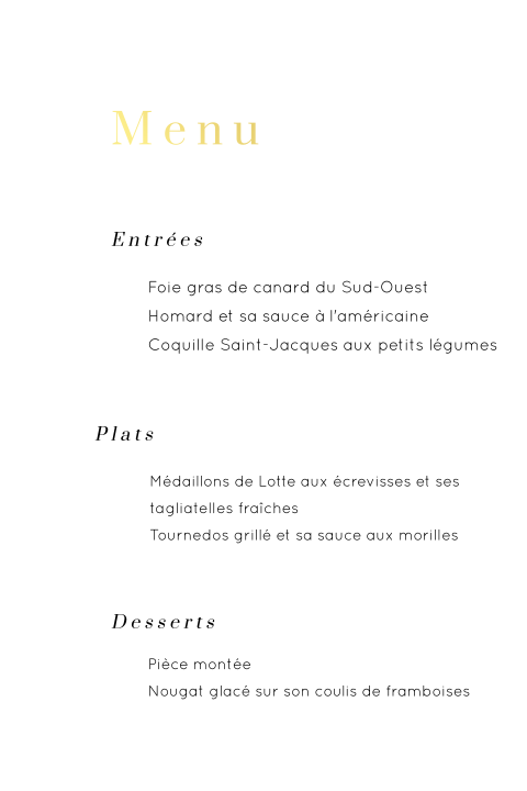 Menu minimaliste avec des dorures