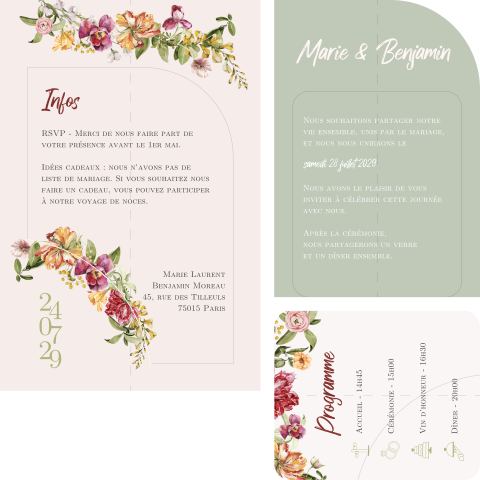 Faire-part de mariage champêtre avec fleurs colorés