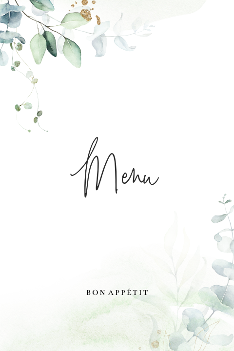 Menu élégant avec des feuilles d'eucalyptus en aquarelle