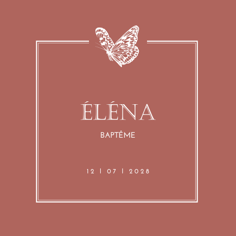 Faire-part de baptême avec fond orange-rouge et papillons