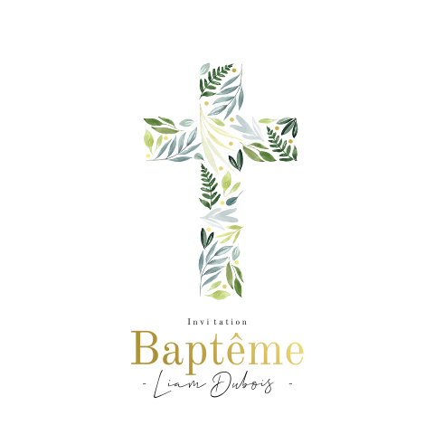 Faire-part de baptême avec croix formée de feuillages et dorure