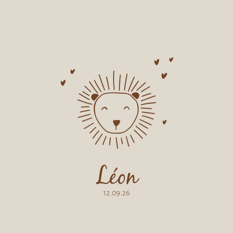 Faire-part de naissance avec illustration de lion et cœurs