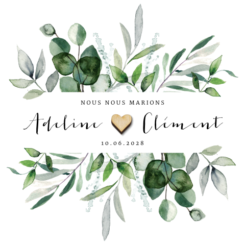 Faire-part de mariage florale "Eucalyptus" | cœur en bois optionnel