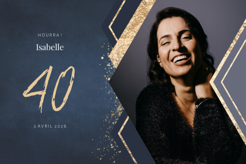 Invitation élégante en bleu foncé avec des détails pailletés et photo