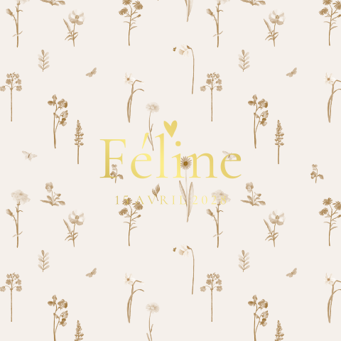 Faire-part de naissance doux avec dorures et fleurs beiges