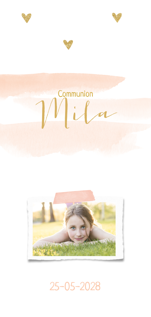 Faire-part de communion avec cœurs dorés, photo et aquarelle