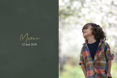 Carte remerciement communion avec photo, fond vert, et dorure