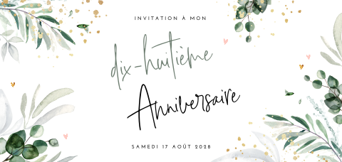 Carte d'invitation tendance pour les 18 ans avec des feuillages
