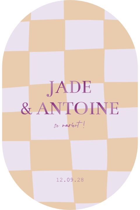 Faire-part de mariage tendance avec carreaux violets et orangés