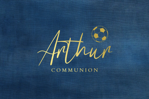 Faire-part communion avec football, fond bleu et dorure