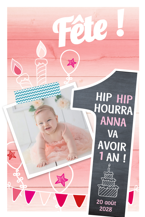 Carte d'invitation rose pour le 1er anniversaire avec des guirlandes