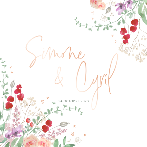 Faire-part élégant avec fleurs estivales et dorures rosées