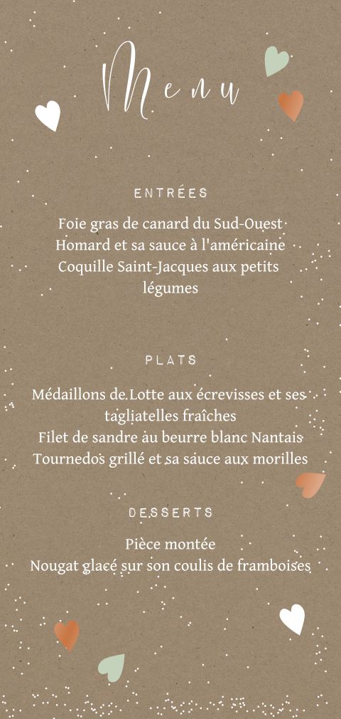 Menu avec une pluie de coeur et des détails en vernis
