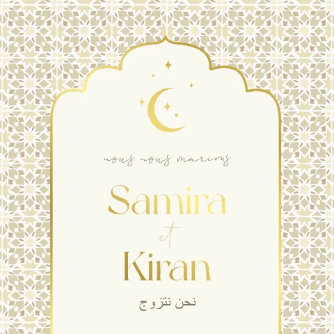 Faire-part de mariage avec design moyen-oriental et détails en dorure