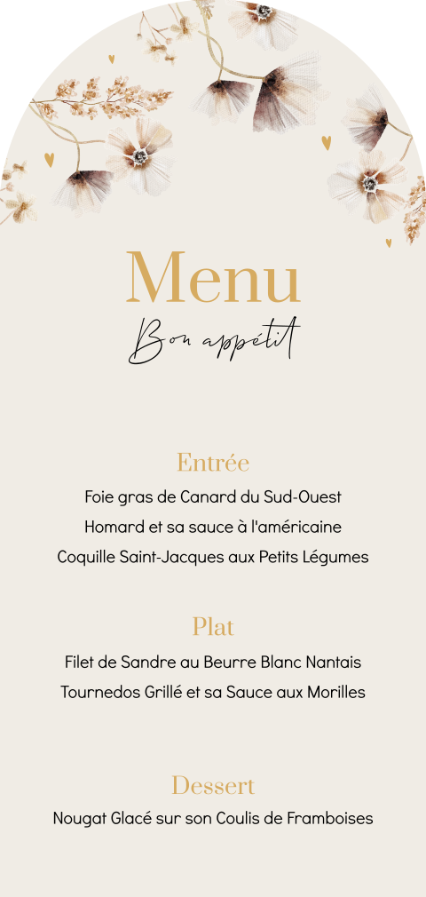 Menu charmant en demi-arc avec des fleurs et coeurs discrets