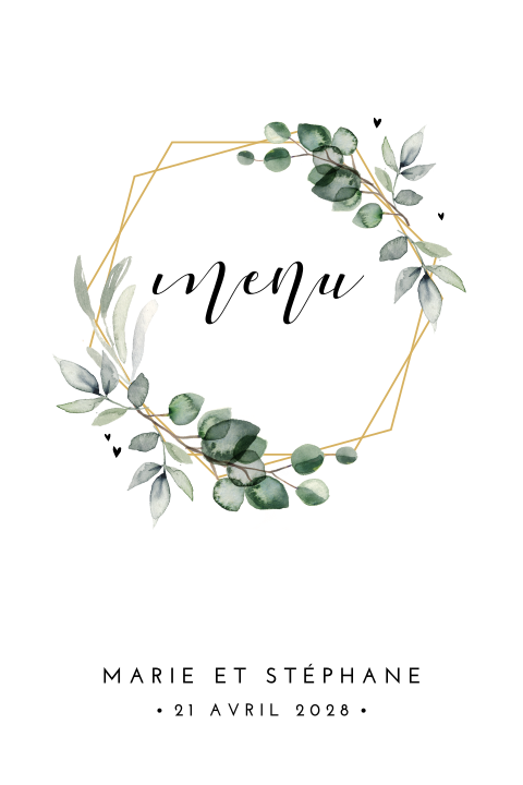 Menu avec hexagone doré et feuilles d'eucalyptus