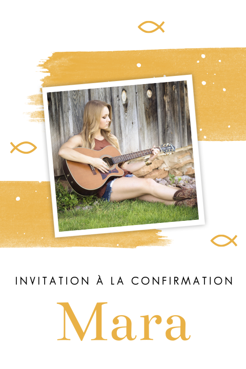 Faire-part de confirmation avec photo, ichthus et détails ocre