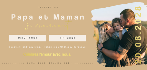 Faire-part de mariage originale en sable avec photo et feuille d'or