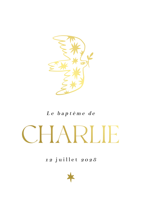 Faire-part de baptême avec colombe et nom en dorure