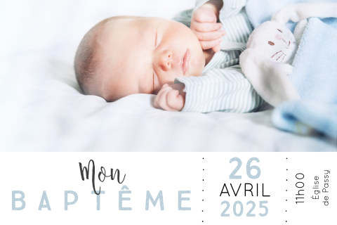 Invitation de baptême moderne avec photo et texte en bleu