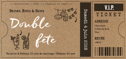 Carte d'invitation jolie en look kraft sous forme d'un billet V.I.P.