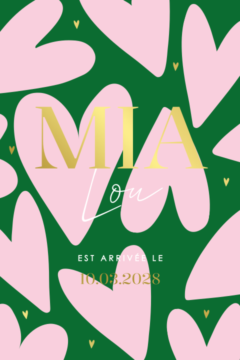 Faire-part de naissance tendance avec gros cœurs roses sur fond vert