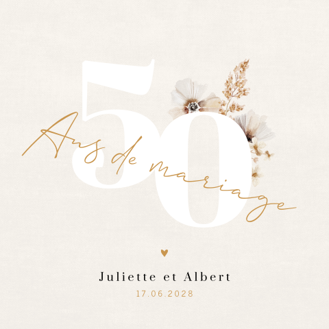 Invitation noces d'or avec des fleurs et fond aspect lin